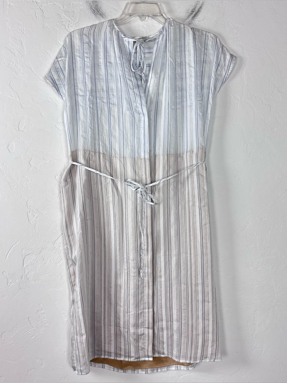Vince Dress Striped White Blue Drapey Shirred Button Down Tie Waist Rayon